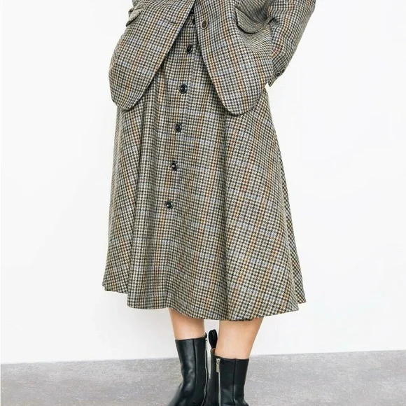 NWOT Zara Multicoloured Houndstooth Print Button-Up Wool Midi Skirt Size S - Picture 6 of 15